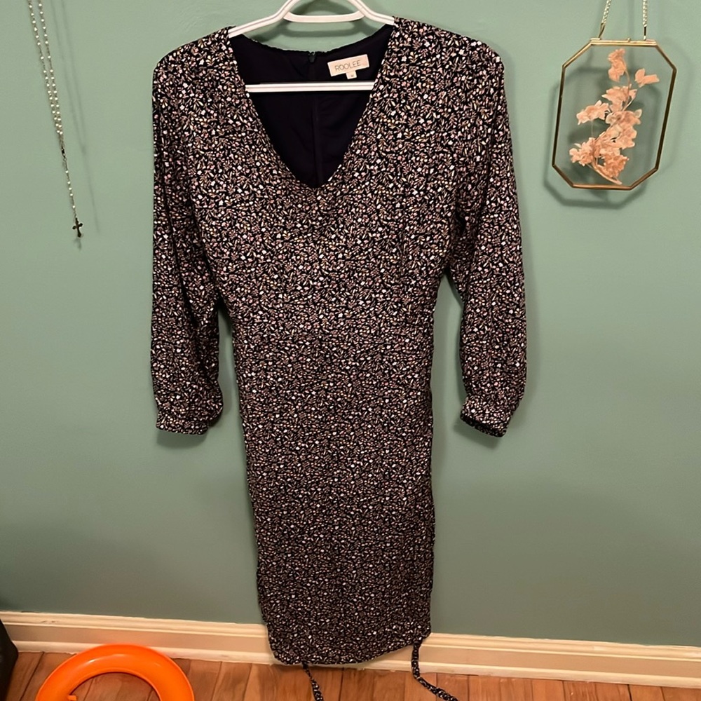 Roolee women’s dress, navy blue with floral design, long sleeves, midi, M